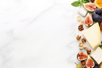 Cheeses figs nuts and honey arrangement at the corner on a white marble backdrop with space for text