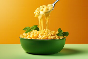 Cheesy mac and cheese being prepared isolated on green