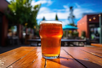 A frothy lager ale in a clear pint glass sits on a metal patio table at a craft microbrewery with a patio umbrella in the background - obrazy, fototapety, plakaty