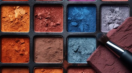 Fototapeta premium Makeup Palette with Various Colors of Eyeshadow and Brush 
