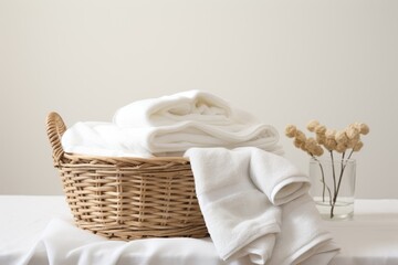 Fototapeta na wymiar A grouping of white spa towels placed inside a basket set against a white backdrop