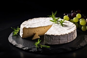 Delicious Brie and Camembert cheese on stone board made in Italy and France