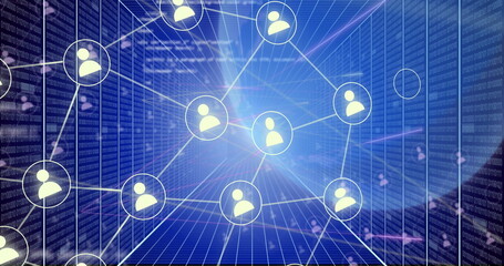 Image of data processing over network of connections with icons