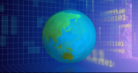 Image of globe and data processing over binary coding