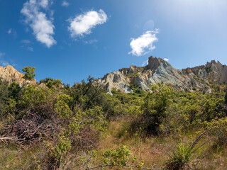 Omarama Clay Cliffs : unique and dramatic landscape with pinnacles, ravines, and sharp ridges in Waitaki Valley of New Zealand