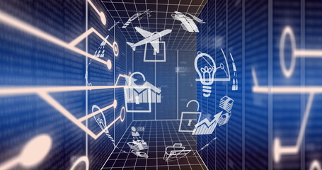 Image of globe with icons and data processing over computer servers