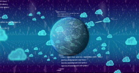 Image of globe and data processing over network of icons