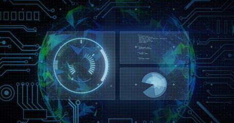 Image of data processing with scope scanning over globe on black background