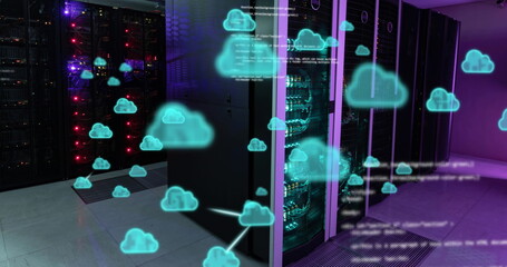 Image of cloud icons and data processing over computer servers