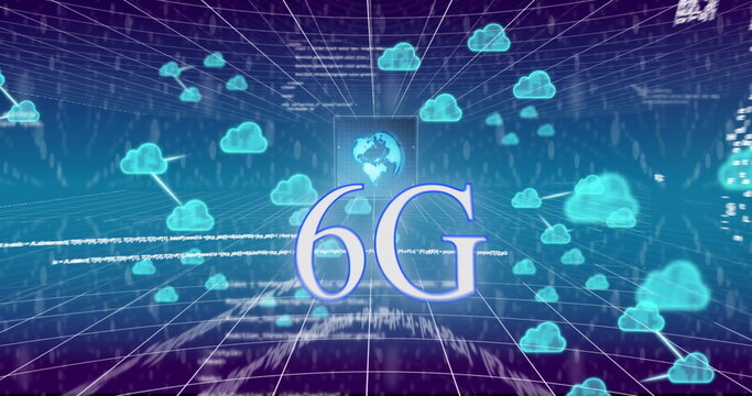 Image of cloud icons and data processing over 6g text