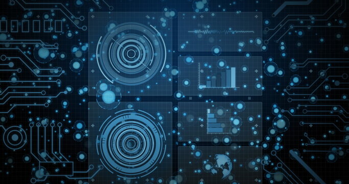 Image of data processing with scope scanning and spots on black background