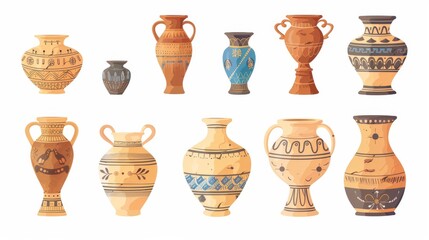 Artifacts made of ancient pottery with cracks decorated in traditional patterns. Cartoon modern illustration of cracked ceramic handcraft crockery. Greek historical treasures made of earthenware. - obrazy, fototapety, plakaty