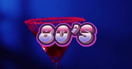 Fototapeten Image of 80s neon text and cocktail on blue background © vectorfusionart