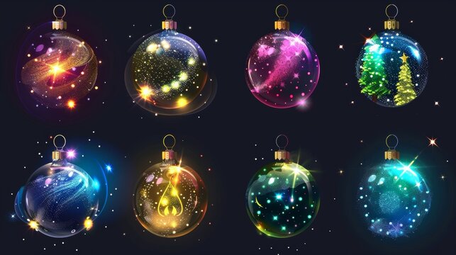 The Christmas tree glass globe decorations set. Detailed modern illustration of colorful xmas balls with bright sparkles, and a New Year crystal sphere with twinkling lights. Toy bubble ornaments for
