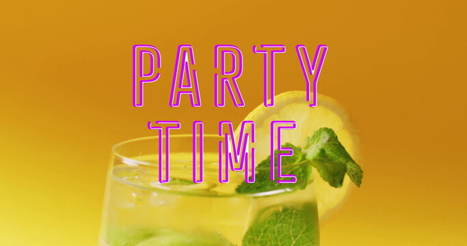 Image of party time neon text and cocktail on orange background