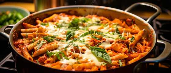 Baked Italian ziti in Dutch oven made with penne pasta