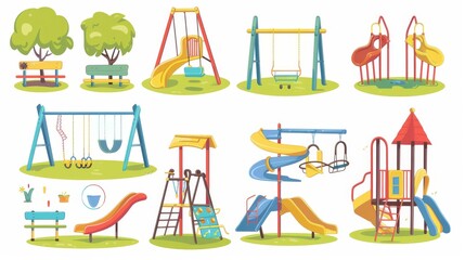 Children's outdoor active leisure playsets and playground swings and slides. Cartoon modern illustration set of playground equipment for public city kids garden or kindergarten.