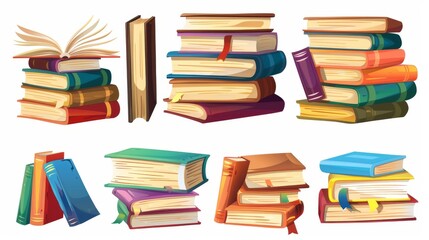 Stack of books with paper pages and colorful hardcovers for education and reading in cartoon modern illustration set.