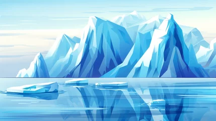 Foto op Aluminium Polar landscape with iceberg in ocean. Cartoon modern illustration of blue polar terrain with glacier snow mountains and floating ice blocks in water. Cold northern horizon with floes of ice floating © Mark