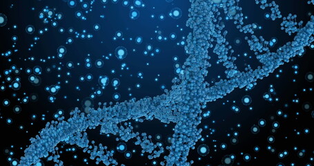 Image of dna over blue dots on navy background