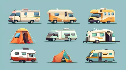 Fototapeten Designed as a cartoon modern illustration set of a family camper van and tent for summertime recreational adventures. Used motorhome or RV trailer vehicle. © Mark