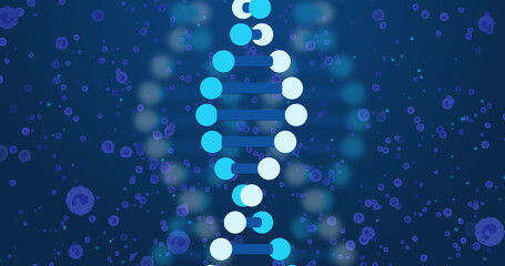 Image of dna over blue cells on navy background