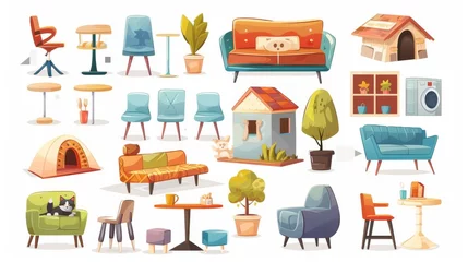 Muurstickers Set of pet-friendly cafe design elements isolated on white background. Illustration depicts a coffee shop interior with furniture, a dog house and toys, a couch with pillows, and a table. © Mark