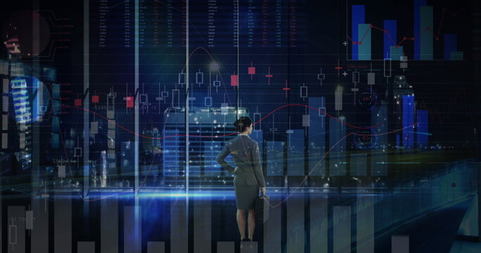 Image of financial data processing over businesswoman and cityscape