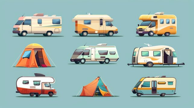 Designed as a cartoon modern illustration set of a family camper van and tent for summertime recreational adventures. Used motorhome or RV trailer vehicle.