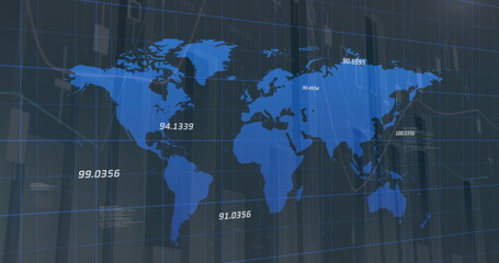 Image of statistics and numbers, financial data processing over world map