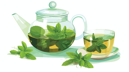Teapot and cup of tea with mint on a white background