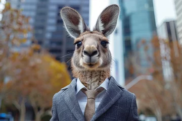  A kangaroo wearing a suit and tie stands in front of a city skyline © itchaznong