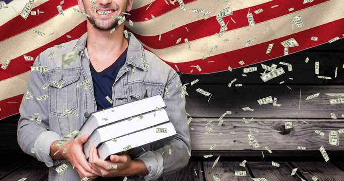 Image of student smiling and banknotes over american flag