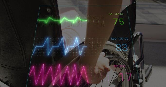Image of neon heart rate over midsection of caucasian woman on wheelchair - Powered by Adobe
