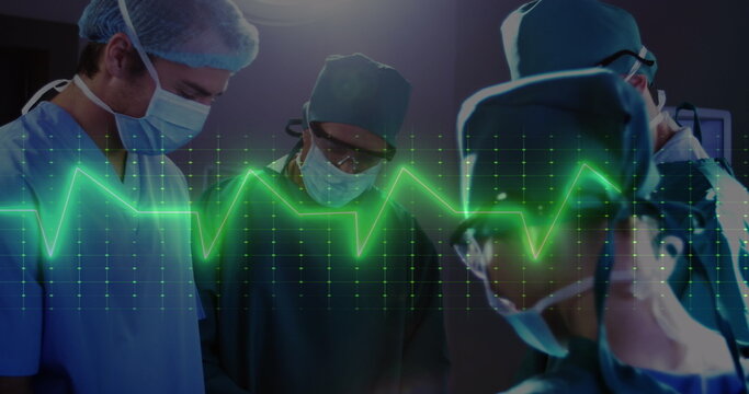 Image of neon heart rate over diverse surgeons during operation