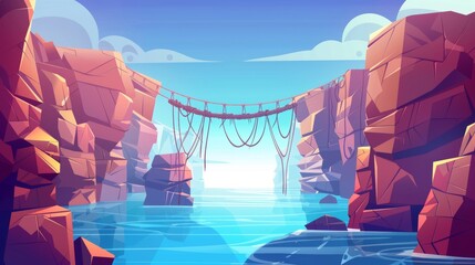 Modern summer landscape with river or sea, stone high sharp edges, and a hazard chasm below the bridge. Cartoon modern summer landscape with river or sea, stone high sharp edges, and hazard chasm