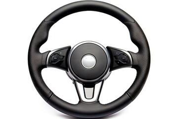 Isolated white background Vehicle part Round modern style Black leather and aluminum Control and tuning for driving