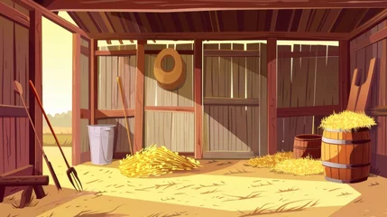 Foto auf Acrylglas The interior of an empty horse stable is illustrated as a modern cartoon image. This illustration shows hay stacks, an old barrel, pitchforks and shovels, a metal bucket, a fabric bag and the © Mark