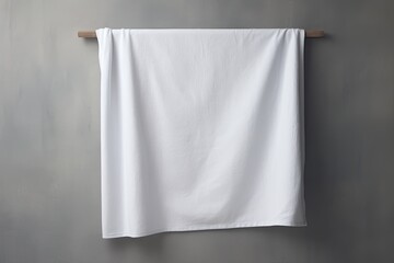 A white towel made of soft cotton placed on a background that is either white or gray in color