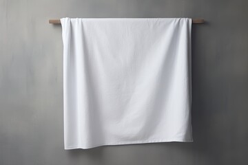 A white towel made of soft cotton placed on a background that is either white or gray in color