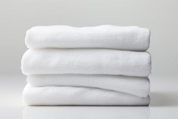 A white towel that has been folded neatly and is standing alone on a white background