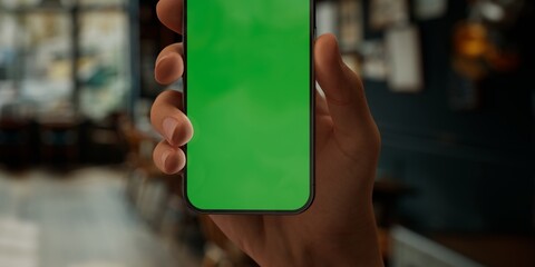 Person holding a smartphone with a green screen in a blurred cafe setting - 757014903