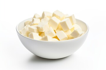 Top view of white background with diced soft cheese in a bowl