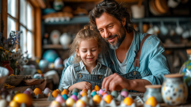 joyfully family painting Easter eggs at home. father with daughter prepare for Easter