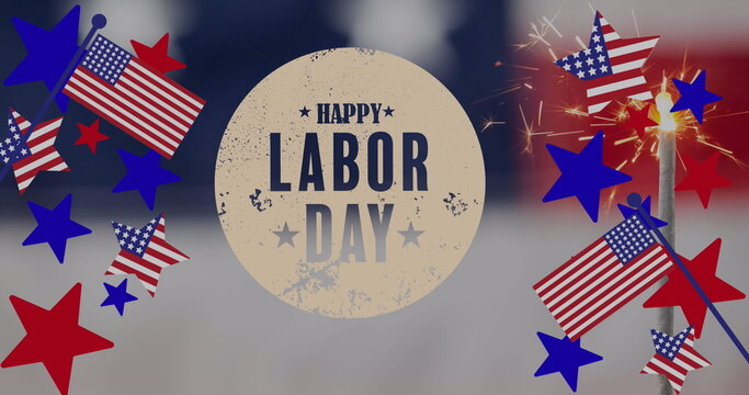 Naklejki Image of labor day text over stars and american flag