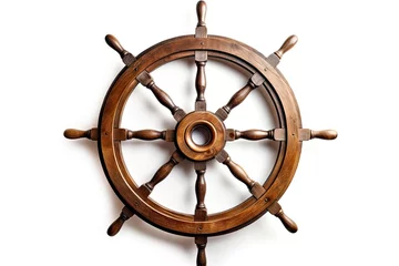  Vintage wooden ship steering wheel isolated on white old ship © The Big L