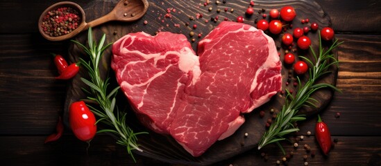 A heartshaped piece of raw red meat, a natural ingredient for a delicious dish. The art of cooking with animal products like this steak is a key element in many cuisines and recipes