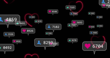 Image of neon hearts over social media reaction on black background