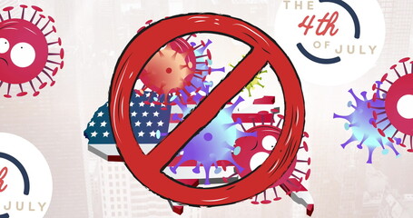Image of prohibition sign and covid 19 virus cells over usa map coloured in american flag