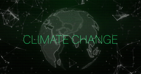 Image of climate change text over shapes and globe